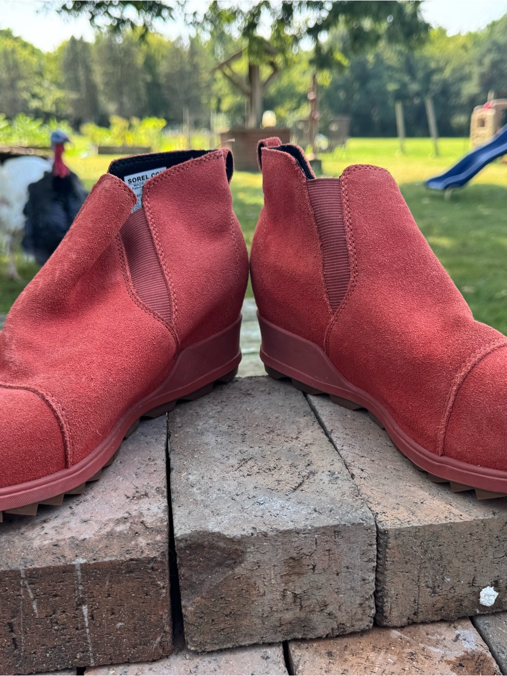 Sorel Evie Pull On Wedge Boots Womens 11 Warp Red Suede Chelsea NL4910-849